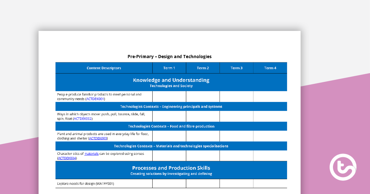 Preview image for Technologies Term Tracker (WA Curriculum) - Pre-primary - teaching resource