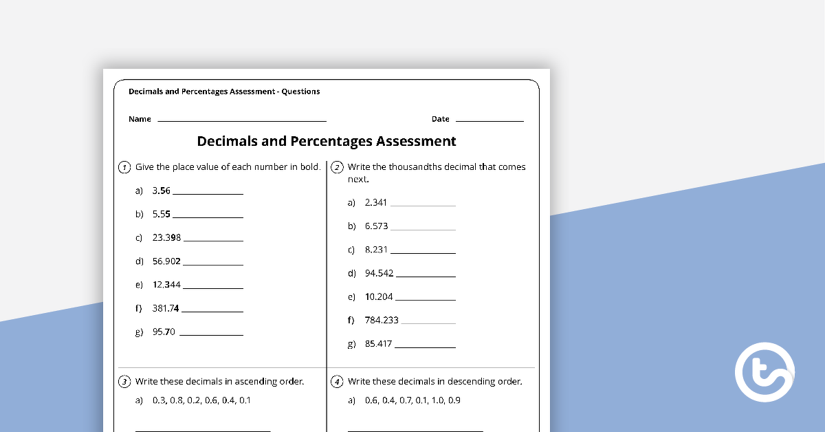 Preview image for Decimals and Percentages Assessment - teaching resource