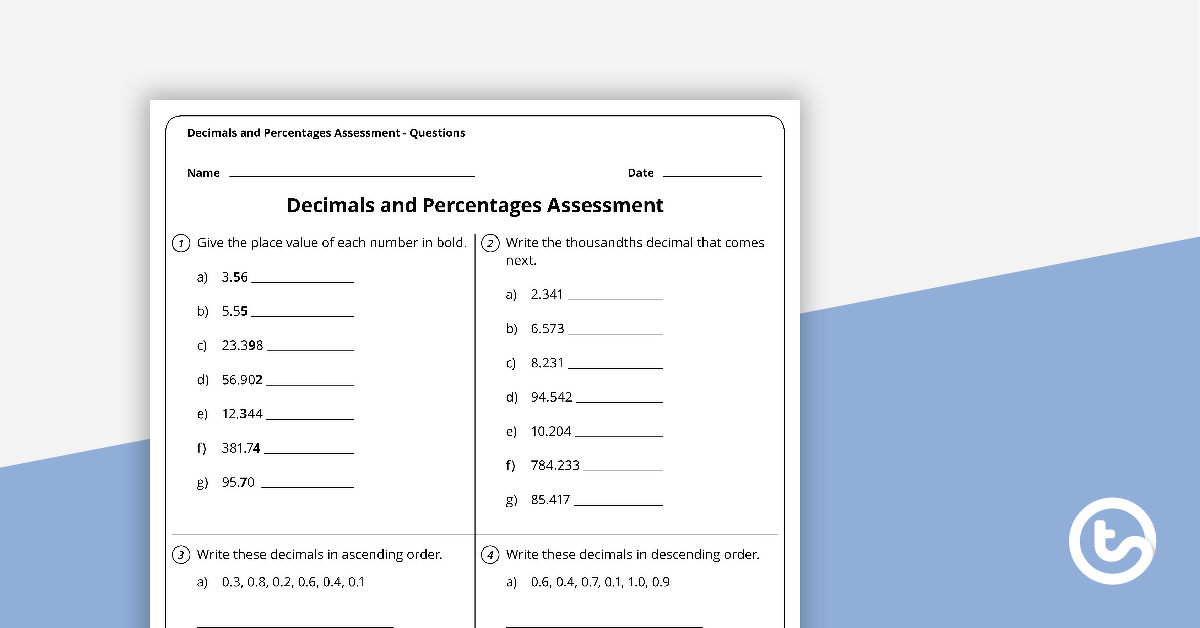 decimals and percentages assessment teach starter