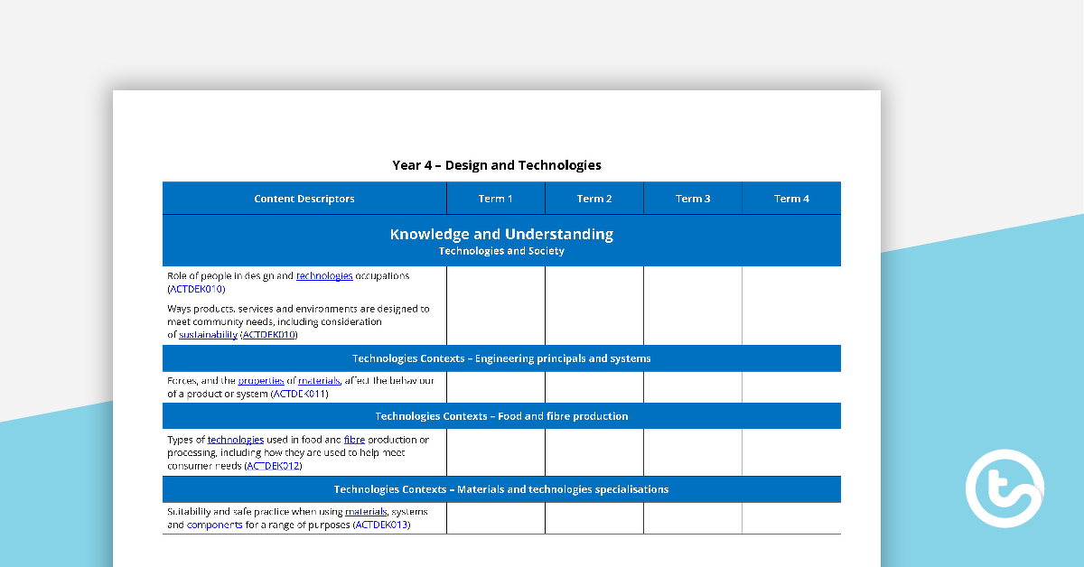 Preview image for Technologies Term Tracker (WA Curriculum) - Year 4 - teaching resource