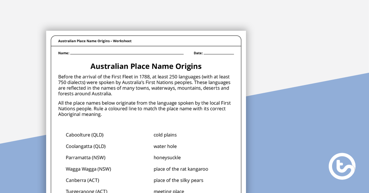 Preview image for Australian Place Name Origins – Worksheet - teaching resource