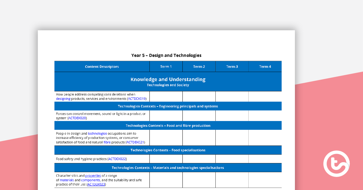 Preview image for Technologies Term Tracker (WA Curriculum) - Year 5 - teaching resource