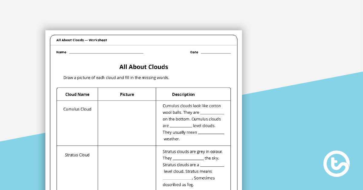 Preview image for All About Clouds - Cloze Worksheet - teaching resource