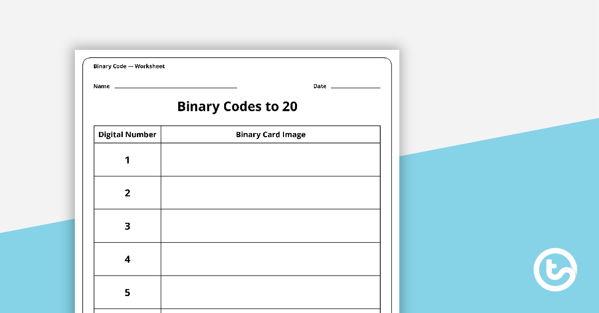 Image of Binary Codes to 20 with Guide Dots - Worksheet