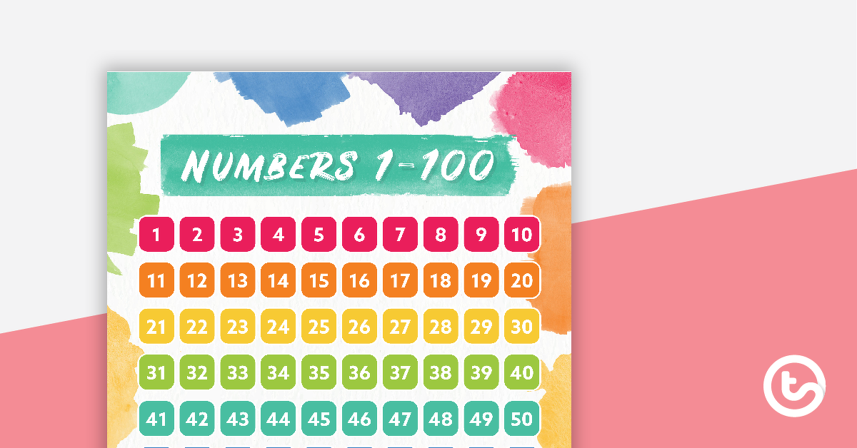 预览图像Rainbow Watercolor - Numbers 1 to 100 Chart - teaching resource