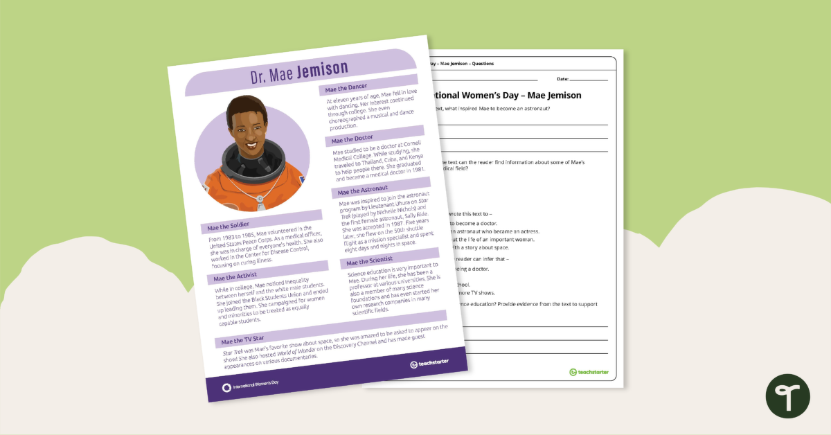 Preview image for Inspirational Woman Profile: Dr. Mae Jemison – Comprehension Worksheet - teaching resource