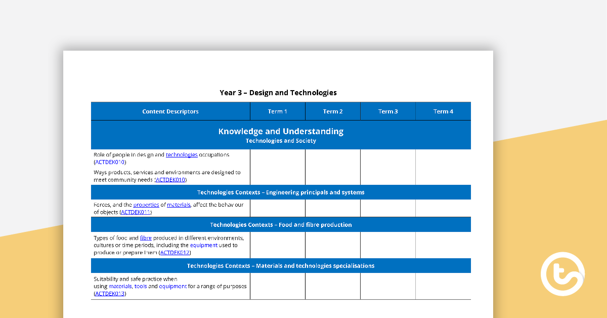 Preview image for Technologies Term Tracker (WA Curriculum) - Year 3 - teaching resource