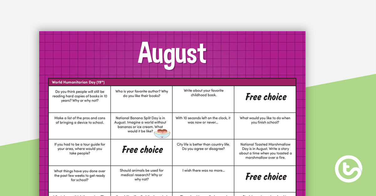 Preview image for Assorted Writing Prompts Calendar – Upper Grades - teaching resource