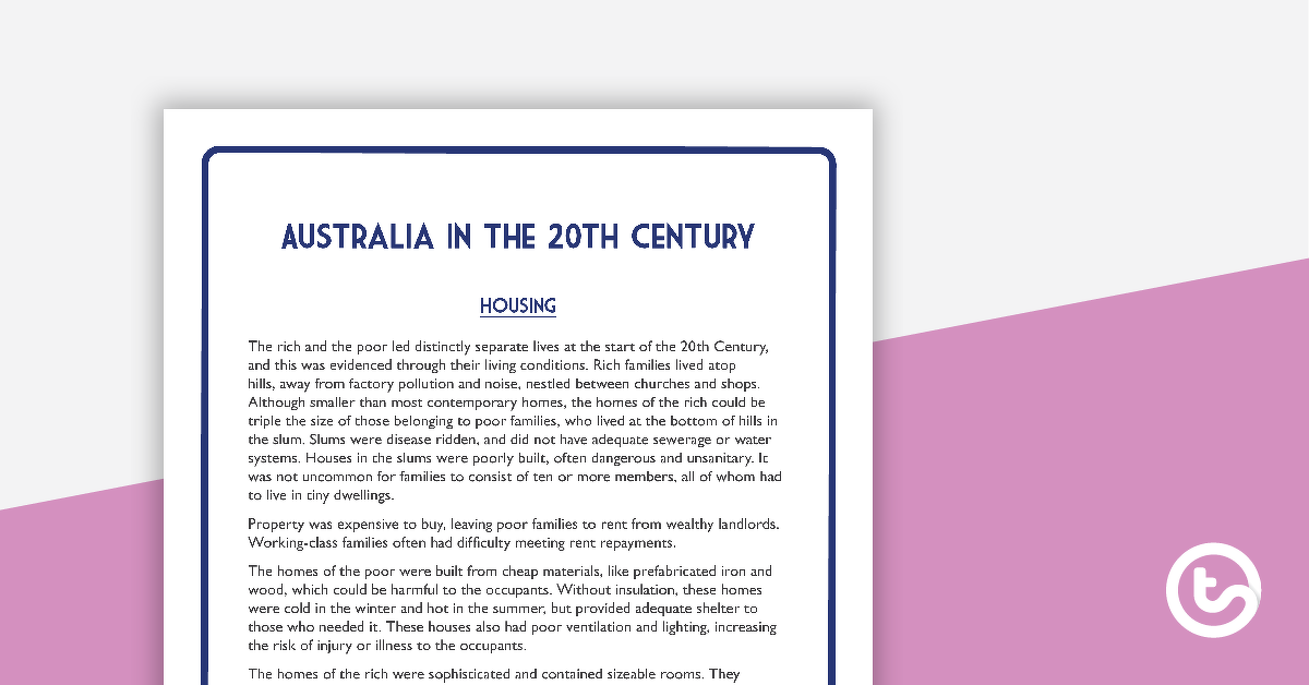 预览图像为20世纪社会反对ditions in Australia Fact Sheets - teaching resource