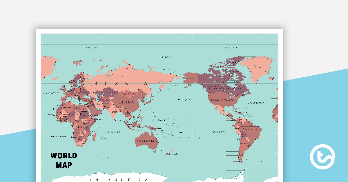 世界地图海报澳大利亚中心的预览图像 - 教学资源