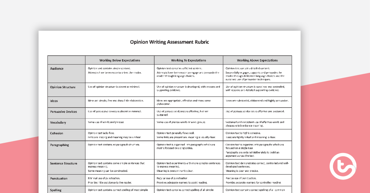 Preview image for Assessment Rubric - Opinion Writing - teaching resource