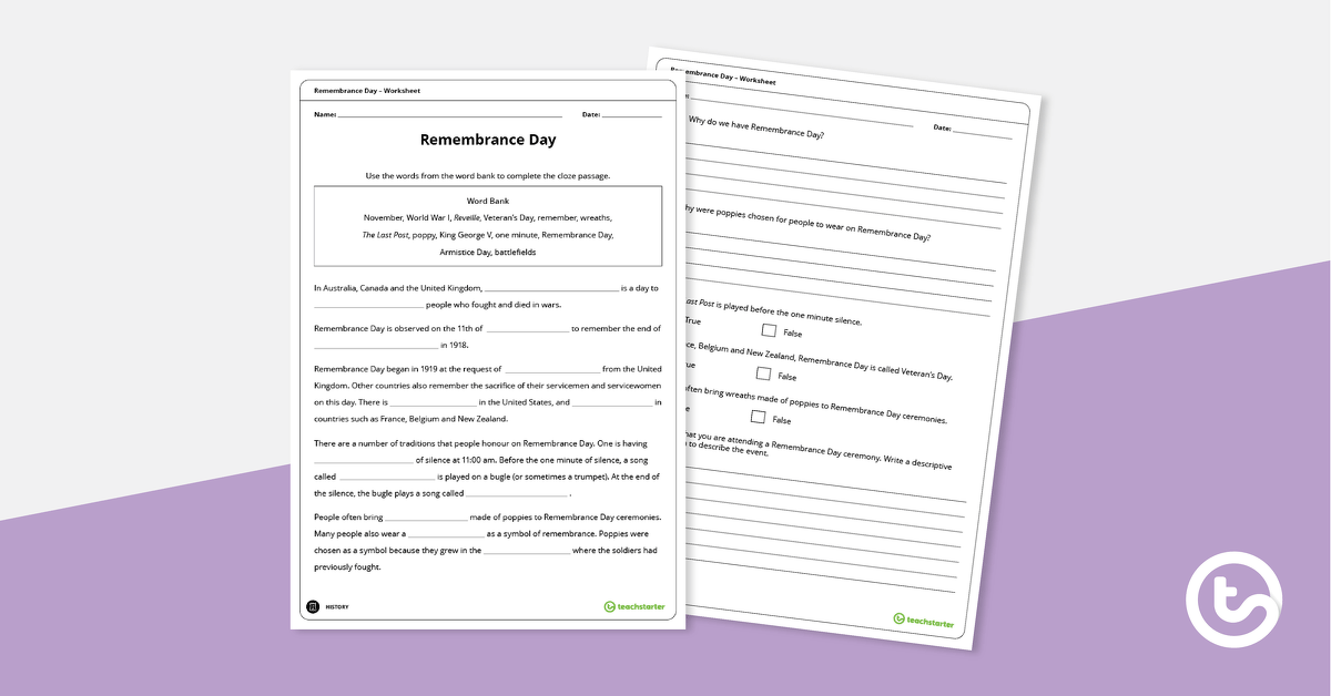 Preview image for Remembrance Day Comprehension Worksheet - teaching resource