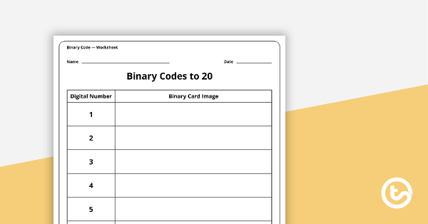 Thumbnail of Binary Codes to 20 without Guide Dots - Worksheet - teaching resource