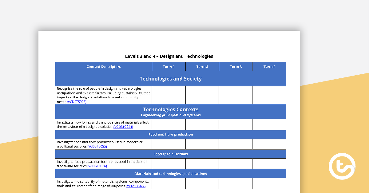 Preview image for Technologies Term Tracker (Victorian Curriculum) - Levels 3 and 4 - teaching resource