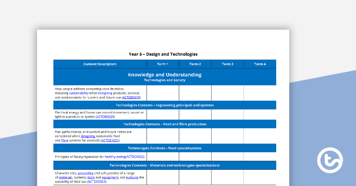Preview image for Technologies Term Tracker (WA Curriculum) - Year 6 - teaching resource
