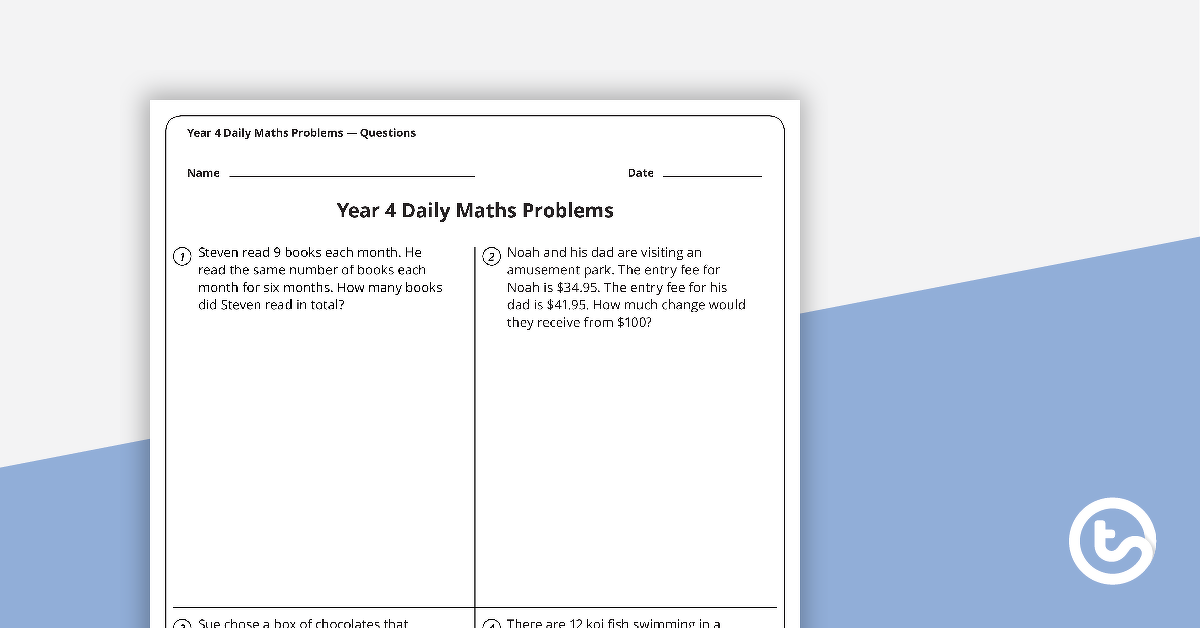 每日数学单词问题的预览图像 - 第4年（工作表） - 教学资源