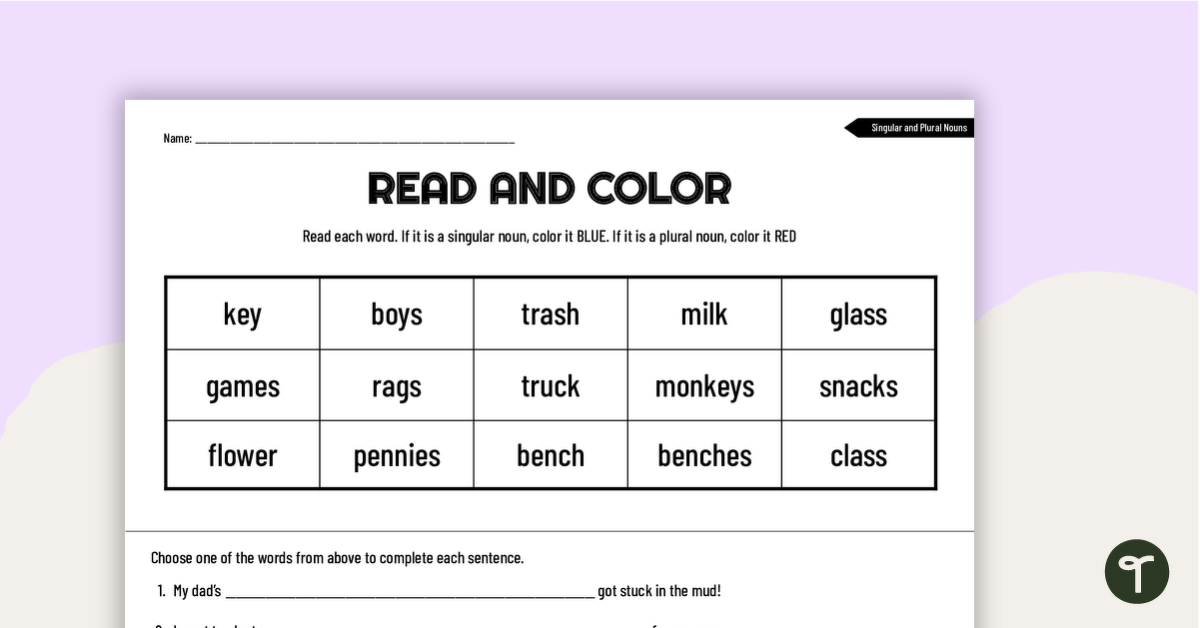 read and color worksheet singular and plural nouns teach starter