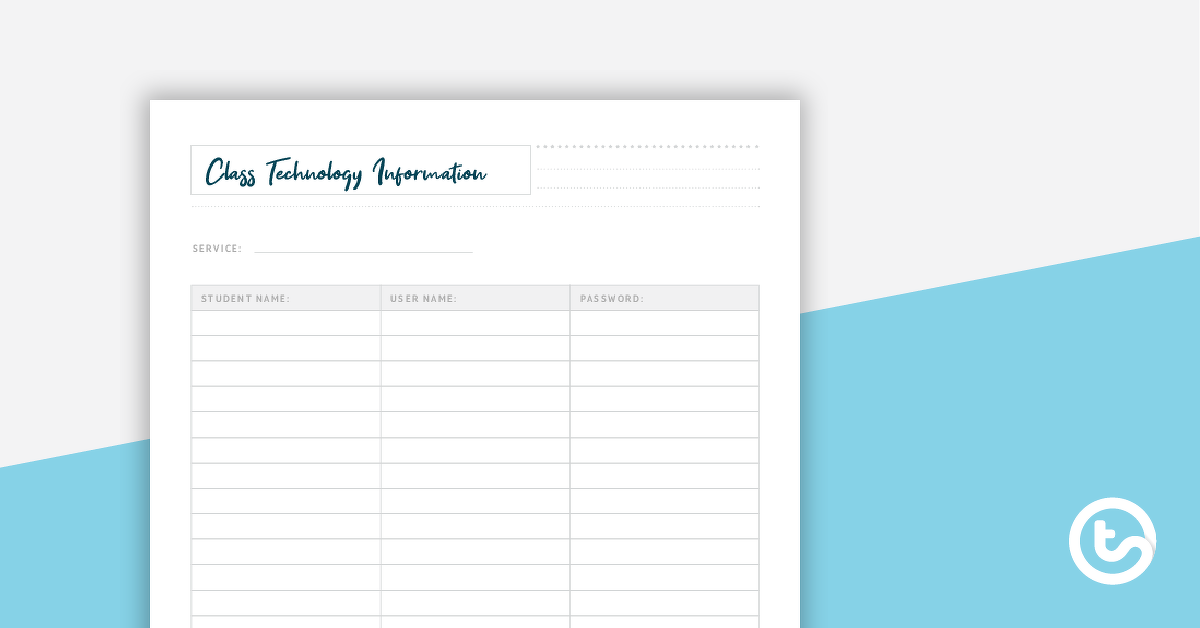 Preview image for Inspire Printable Teacher Planner – Technology Passwords Page (Class) - teaching resource