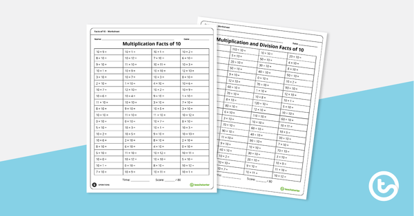 乘法和分区工作表的预览图像 -  10教学资源的事实