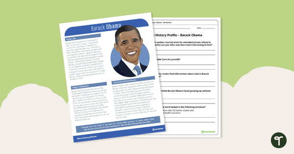 预览图像为黑人历史简介:巴拉克•奥巴马(Barack Obama)——理解工作表——教学资源