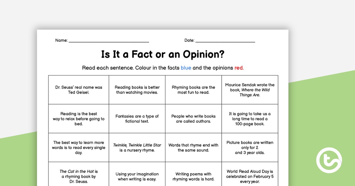 Preview image for Is It a Fact or an Opinion? - Worksheet - teaching resource