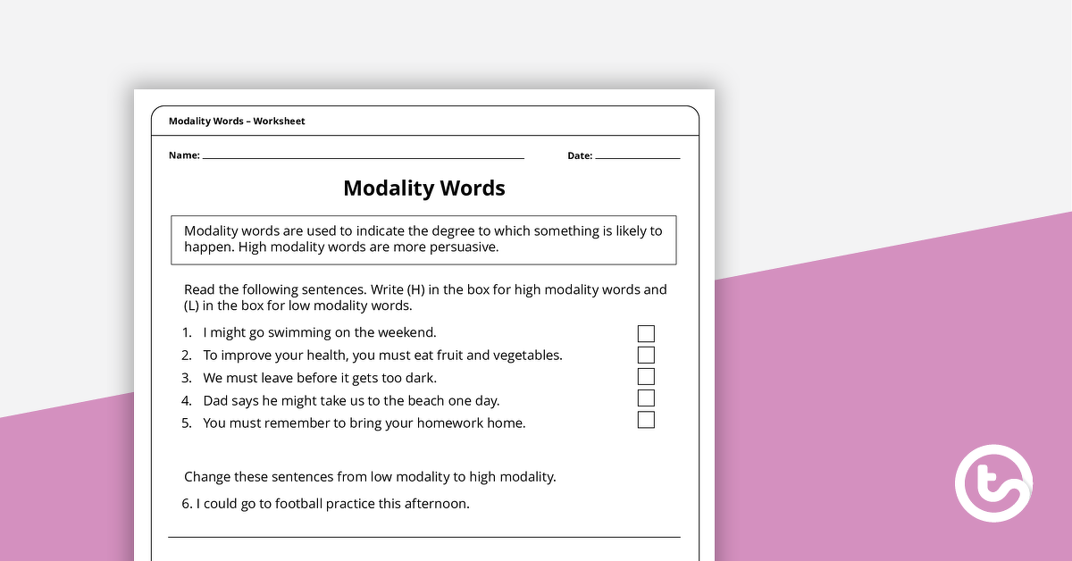 Preview image for Modality Words Worksheet - teaching resource