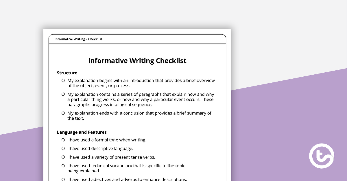 Preview image for Informative Writing Checklist – Structure, Language, and Features - teaching resource