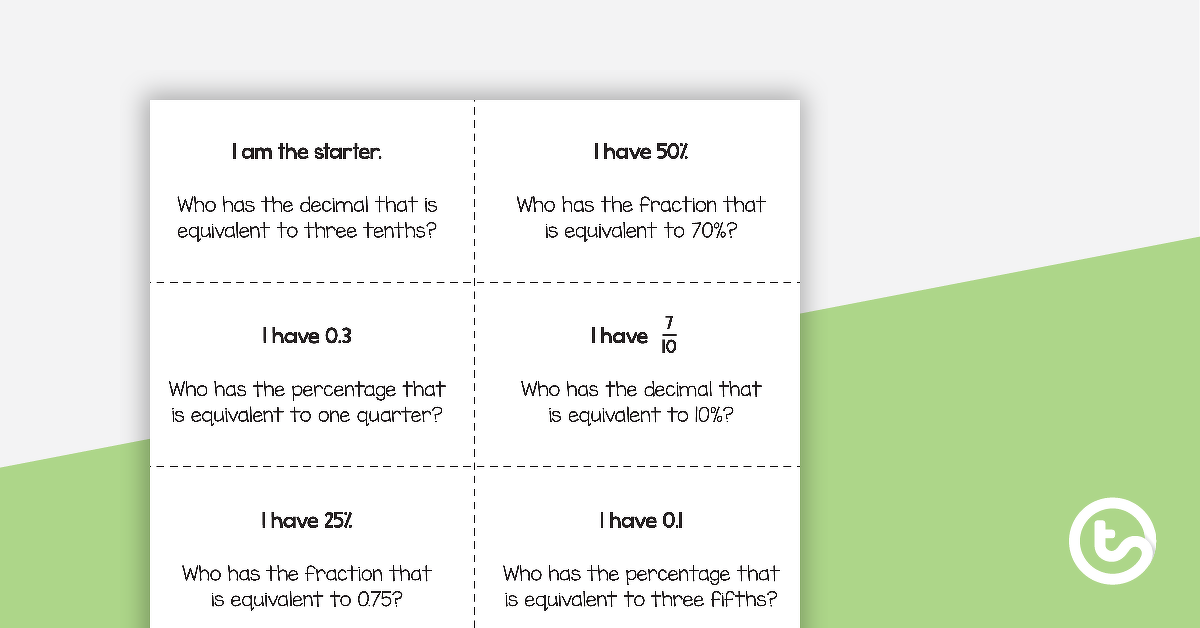 Preview image for I Have, Who Has? Game - Fraction, Decimal, and Percentage Equivalence - teaching resource