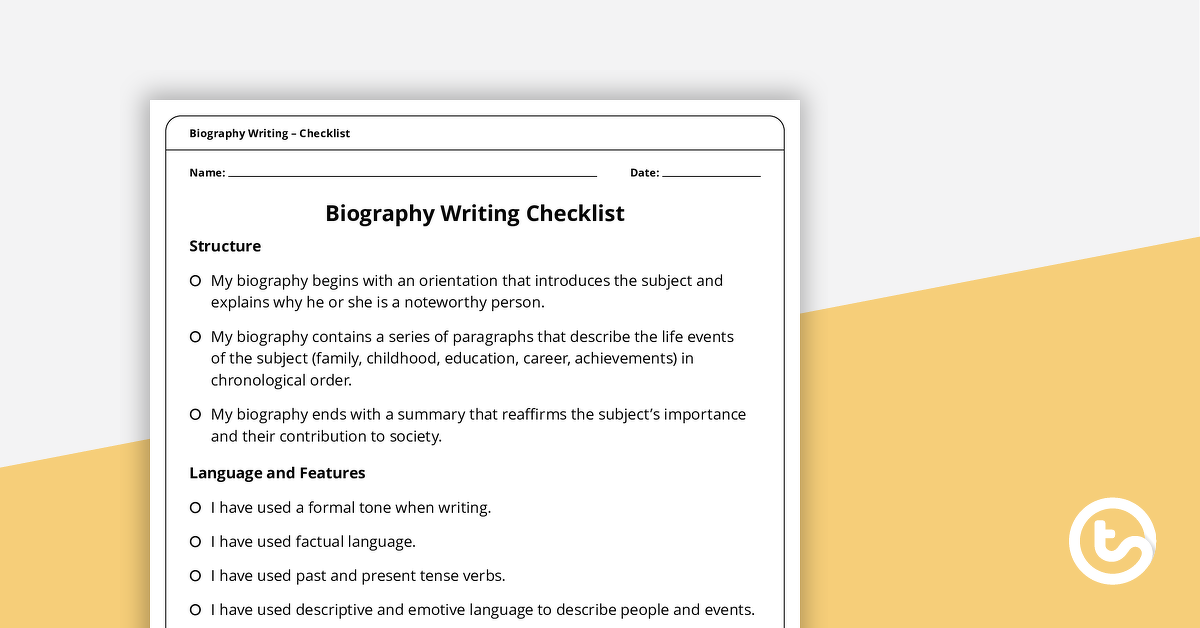 Preview image for Biography Writing Checklist – Structure, Language and Features - teaching resource