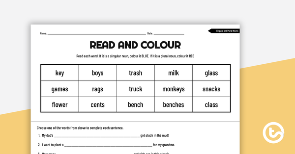 预览图像阅读和颜色工作表-单数和复数名词-教学资源