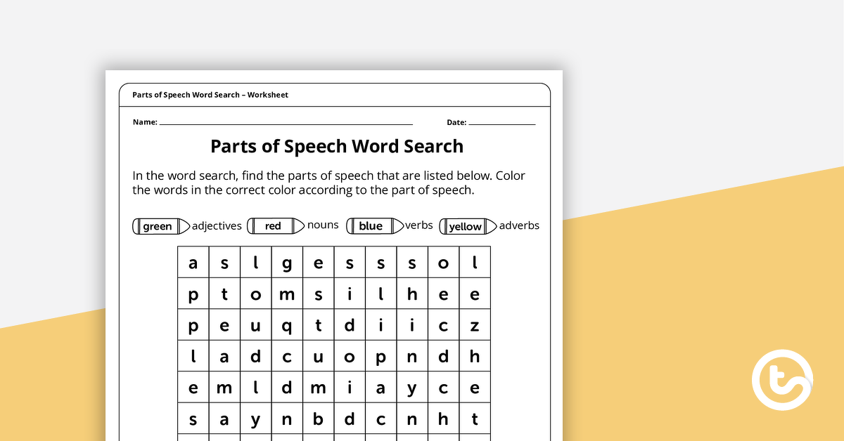 parts of speech word search nouns adjectives verbs and adverbs worksheet teach starter