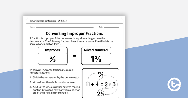 Preview image for Converting Improper Fractions – Worksheet - teaching resource