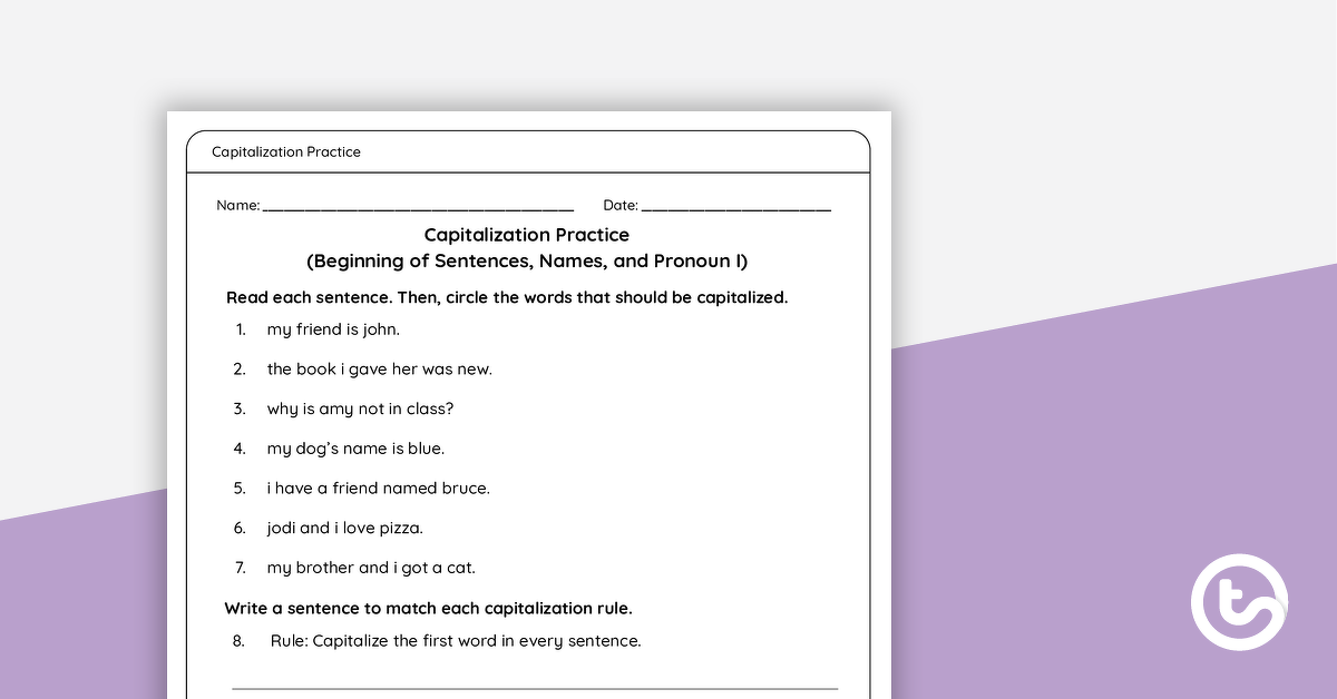 Preview image for Capitalization Worksheet - Beginning of Sentences, Names, and Pronoun I - teaching resource