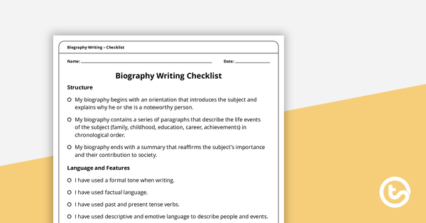 Preview image for Biography Writing Checklist – Structure, Language and Features - teaching resource