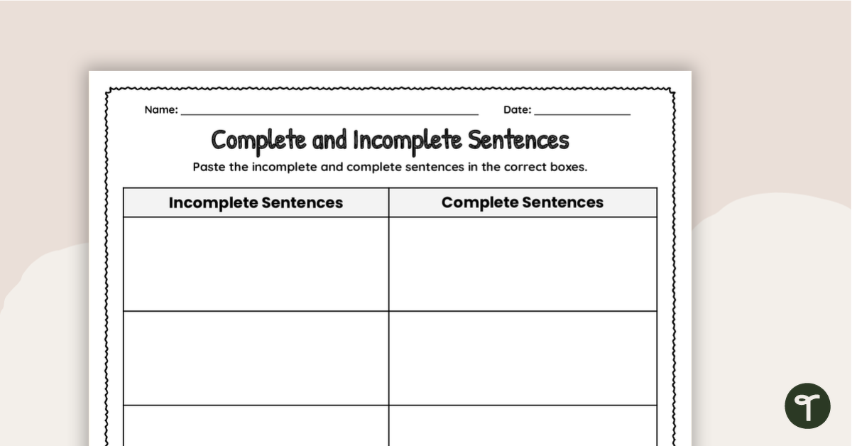 Preview image for Complete and Incomplete Sentences Cut and Paste Worksheet - teaching resource