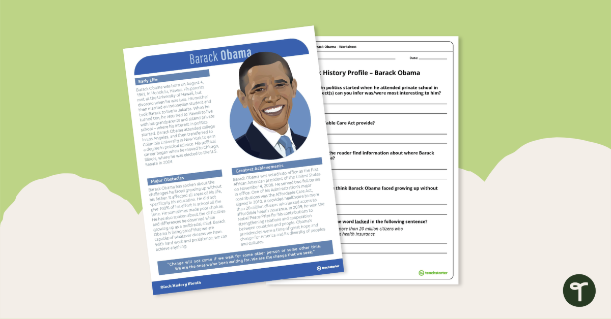 Preview image for Black History Profile: Barack Obama - Comprehension Worksheet - teaching resource