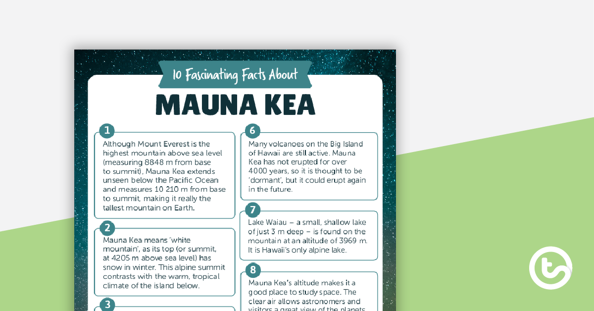 预览图像关于莫纳克亚山10迷人的事实——理解工作表——教学资源