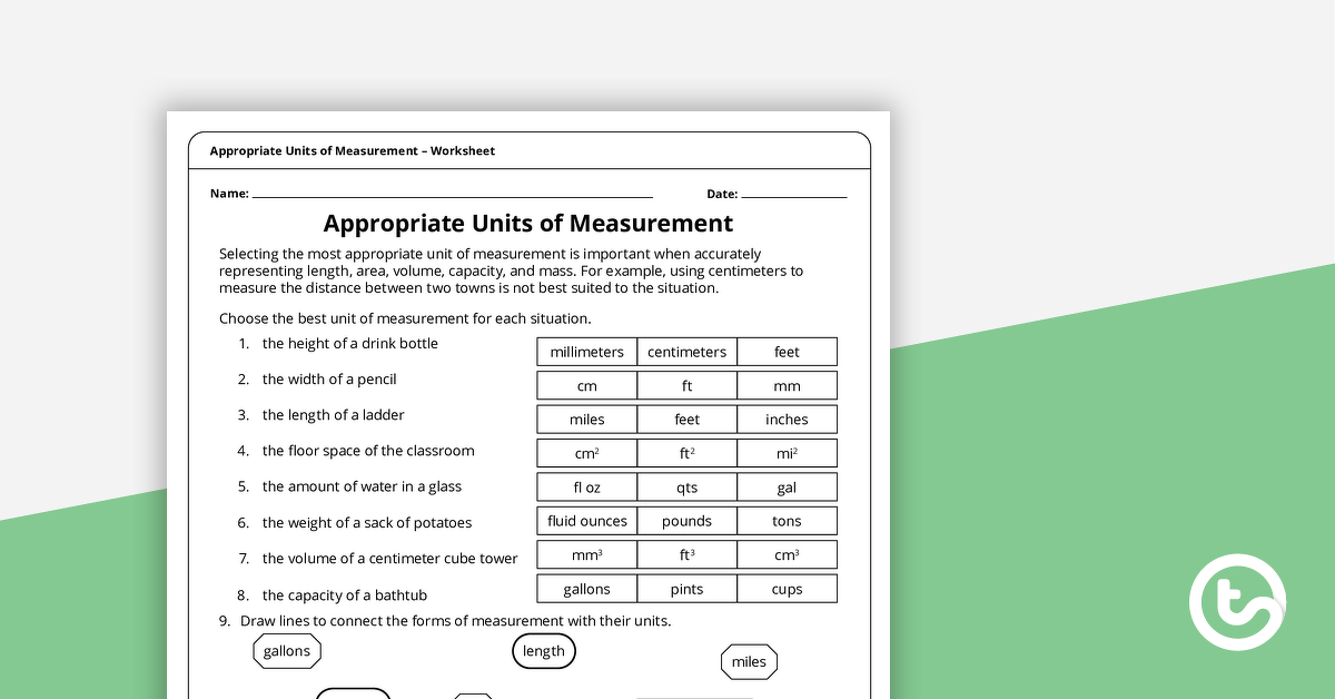 appropriate units of measurement worksheet teach starter