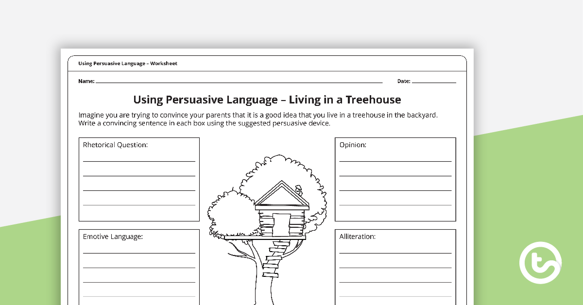 使用有说服力语言工作表的预览图像 - 生活在树房子 - 教学资源中