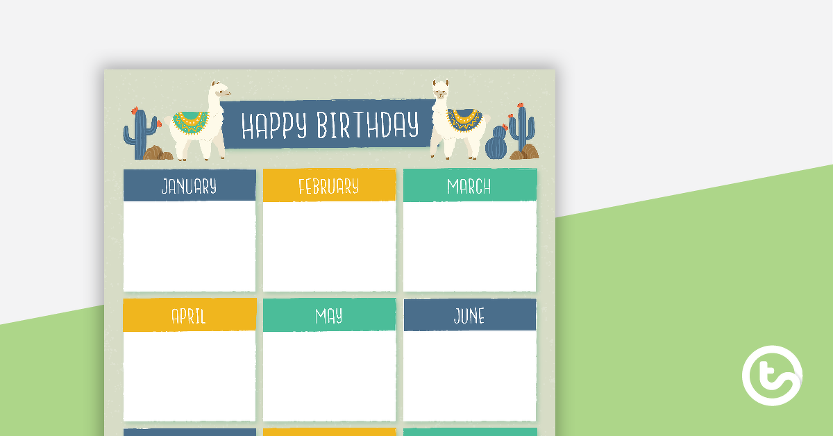 Llama和Cactus的预览图像 - 生日快乐图表 - 教学资源