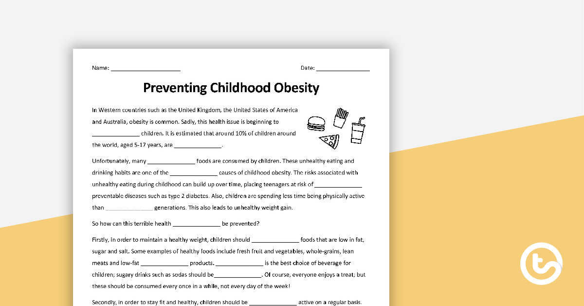 预测防止儿童肥胖渗透工作表的预览图像 - 教学资源