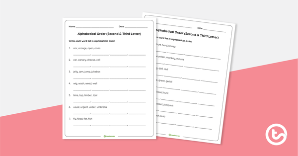 alphabetical order worksheet second and third letter teach starter