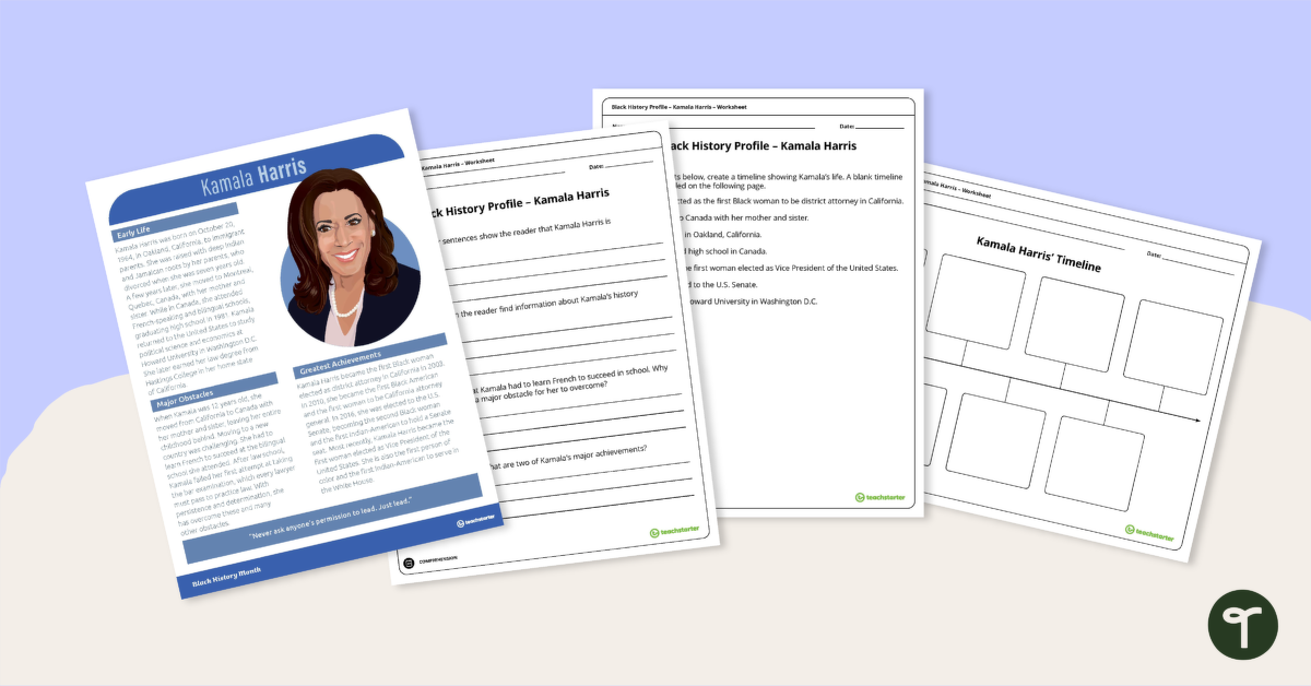 black history profile kamala harris comprehension worksheet teach starter