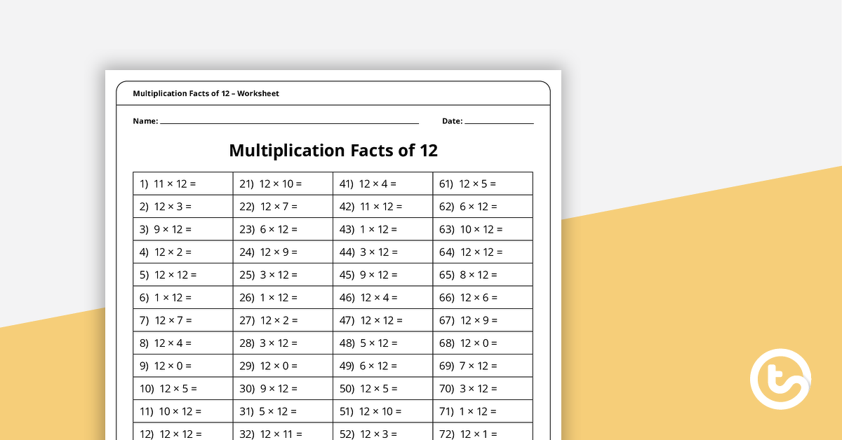 预览图像用于乘法和分区速度训练工作表 - 事实12-教学资源