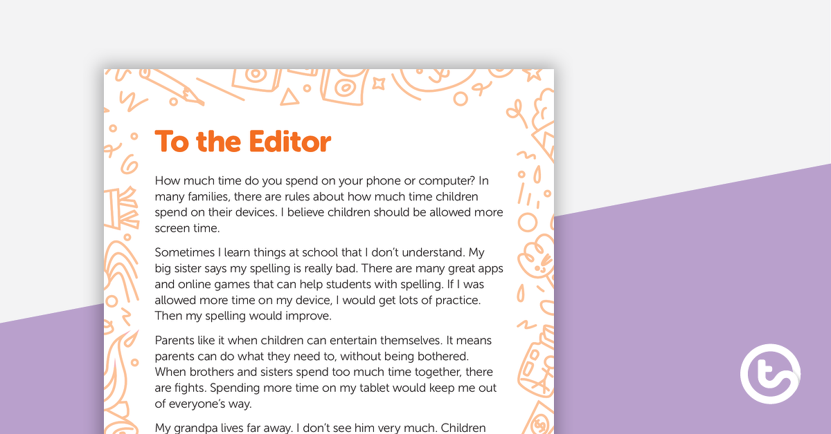Preview image for Letter to the Editor (More Screen Time) – Worksheet - teaching resource