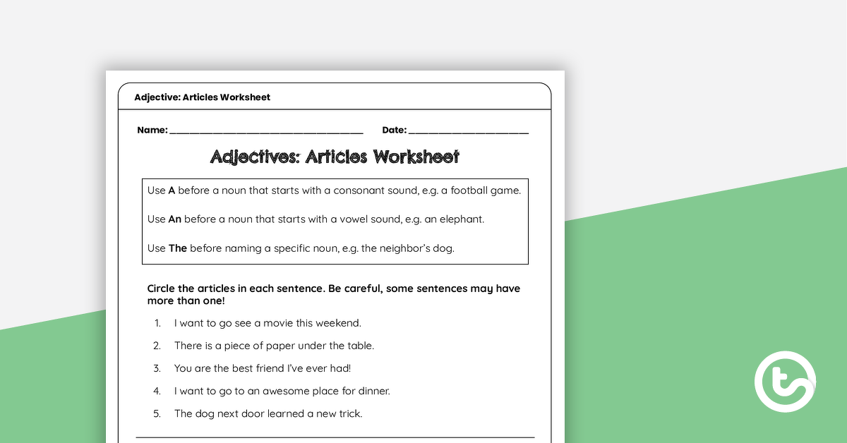 Preview image for Adjectives: Articles Worksheet - teaching resource