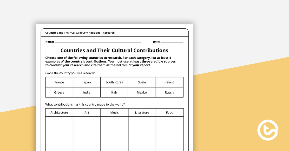 预览图像的国家和他们的文化贡献——工作表——教学资源