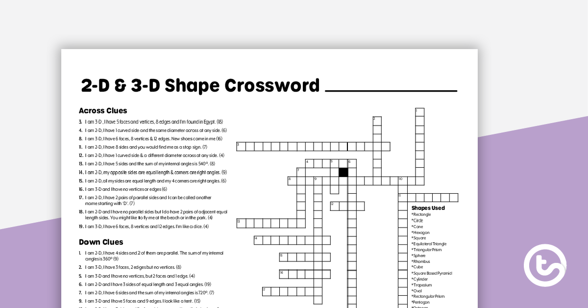 Preview image for 2D Shapes and 3D Objects Crossword with Solution - teaching resource