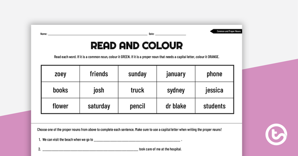 Preview image for Read and Colour Worksheet – Common and Proper Nouns - teaching resource