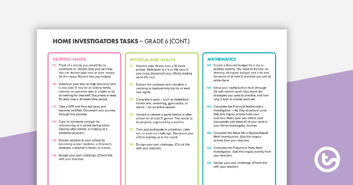 Preview image for Home Investigators Inquiry Tasks - Grade 6 - teaching resource